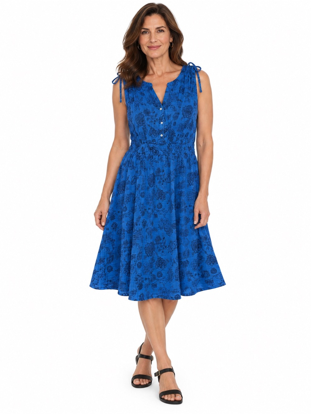 J.Jill Blue Floral Sleeveless Dress Size XL Cotton V-Neck Tie Shoulder Midi NWT